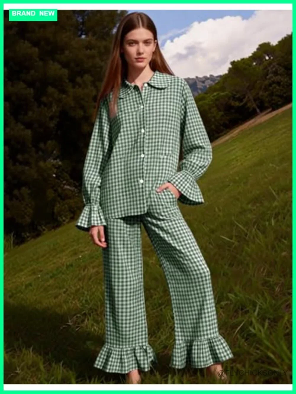 Cotton Plaid Pajama Set Ruffle Sleeve Babydoll Shirt Matching Pants Lounge Set